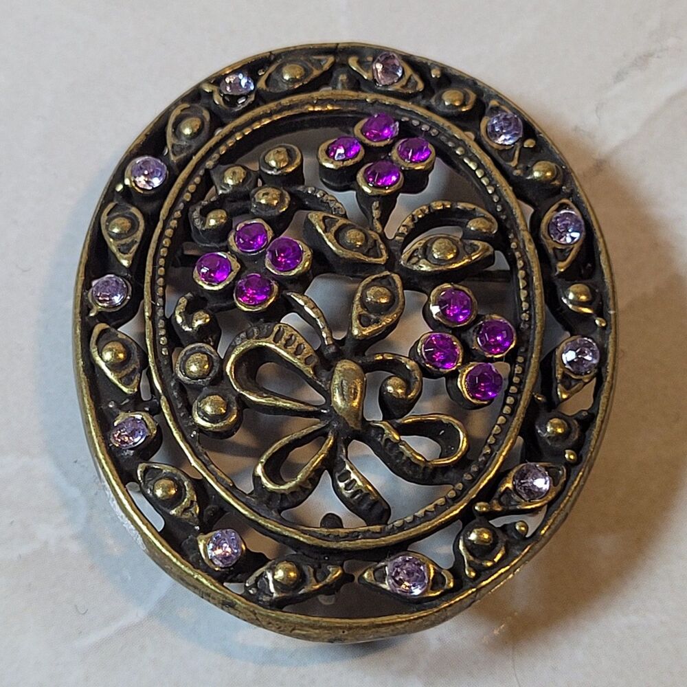 Vintage Gemstone Gold and Purple Flower Brooch Pin With Rhinestones EUC